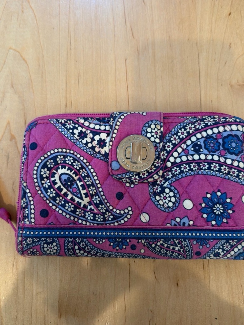 Vera Bradley Pink Paisley Quilted Zip Wallet with Navy Accents